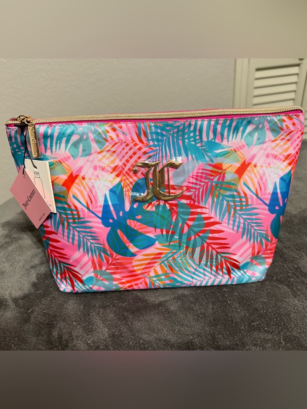 Juicy Couture Pink Multi Tropical Leaf Cosmetic Bag with Gold Logo